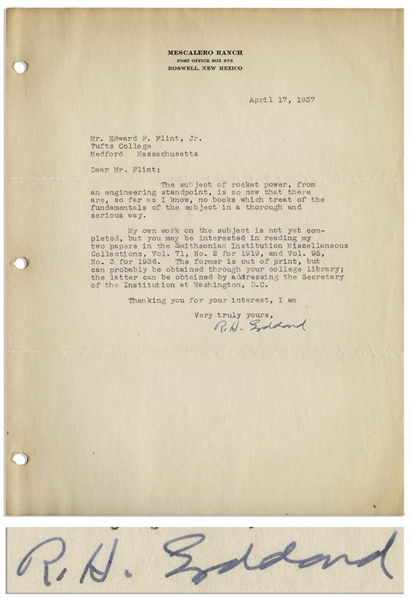 Scarce 1937 Letter Signed by Robert H. Goddard, the Father of Space Flight -- ''The subject of rocket power, from an engineering standpoint, is so new...'' -- With JSA COA